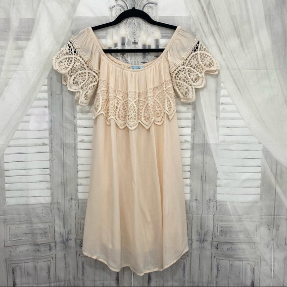 She + Sky Small Ivory Cream Boho Lace Off the Shoulder Dress Mini Pullover NEW - Picture 7 of 10